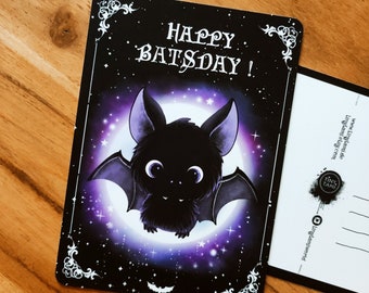 Velvety soft bat birthday card, Happy Batsday, Gothic greeting card