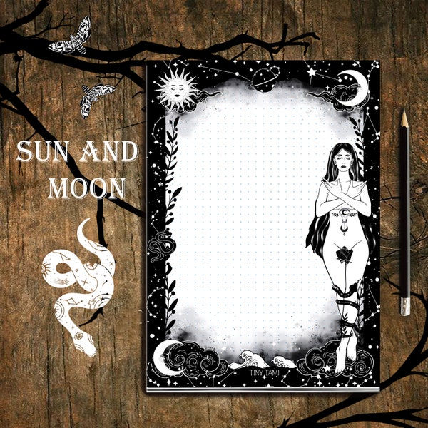 SUN AND MOON Notizblock, A5, Jungfrau, Sonne, Mond, Sterne, Tarot, Briefpapier
