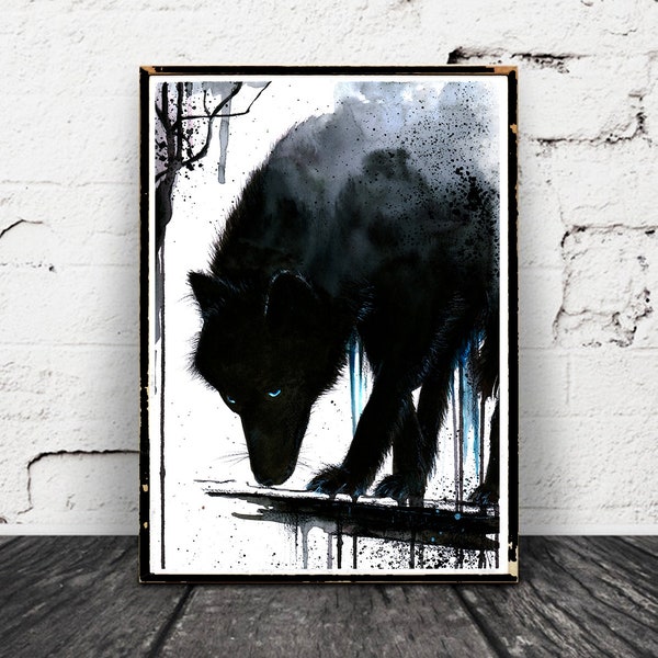 Aquarell Wolf Poster Print, Druck, The Dark one, Kunstdruck, Wanddeko, Wildlife, Wolfbild, schwarz