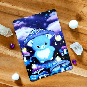 Carte postale souris mignonne, avec lucioles et champignons, carte de voeux, souris kawaii