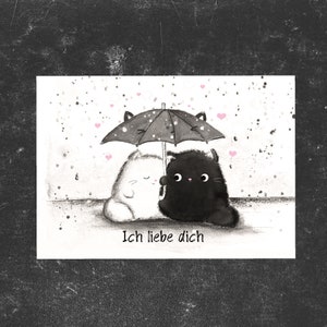 Carte postale chat, Tomcat Moo, carte de voeux, je t'aime, chats avec parapluie, carte Saint Valentin, amour