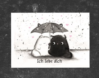 Postkarte Katze ,Kater Moo, Grußkarte , Ich liebe dich, Katzen mit Regenschirm , Valentinstagskarte, Liebe