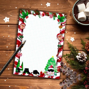 Könnte beinhalten: Ein weißes Blatt Papier mit einem gepunkteten Raster, umgeben von einem festlichen Weihnachtsrand. Der Rand zeigt Zuckerstangen, Lebkuchenmänner, Stechpalmen und schwarze Katzen.
