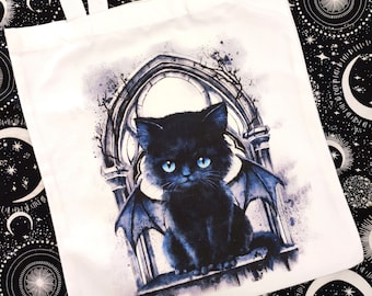 Beautiful demon cat fabric bag made of high quality cotton, gothic shopping bag