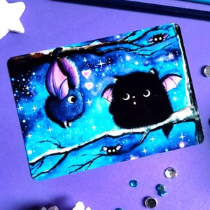 Divertente cartolina d'amore con pipistrello e gatto, biglietto d'auguri con gatto maschio Moo, galassia, kawaii, San Valentino