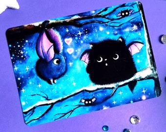 Witzige Liebes Postkarte Fledermaus und Katze ,Kater Moo  Grußkarte , Galaxy, kawaii, Valentinstag