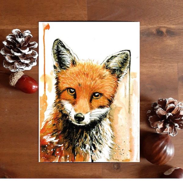 Fuchs Postkarte, Aquarell, Geburtstagskarte, Grußkarte, Kawaii Fox, Tiny Tami