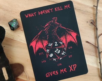 Roleplay dragon with D20 dice postcard, roleplay, tabletop, with saying, red fantasy dragon, board game