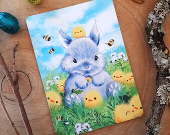 Velvety soft Easter bunny postcard, rabbits with sweet chicks