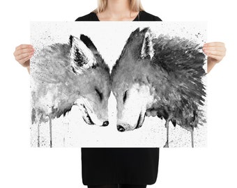 Aquarell Fuchs und Wolf Poster , Print in schwarzweiss, XXL Kunstdruck in A4, A3, 50 x70 und 60 x 90 cm