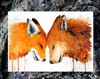 Fox postcard, love, foxes, wolf in watercolor, greeting card, Valentine's Day, wedding anniversary, Tiny Tami