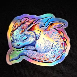 Könnte beinhalten: Holografischer Aufkleber eines schlafenden Babydrachens. Der Drache ist hauptsächlich blau mit schillernden Highlights in Rosa, Orange und Gelb. Der Aufkleber hat eine schwarze Umrandung und befindet sich auf schwarzem Hintergrund.