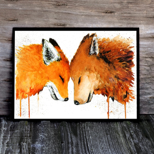 Fuchs und Wolf Aquarell Poster, Print, Druck, Liebe, Valentinstag, Geschenk, Wölfe Bild, Freunde, Fantasy