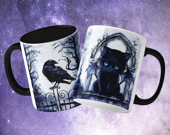 Wicked Creatures coffee mug, cup, gothic cat, witch and crow, coffee mug, PLEASE ORDER SEPARATELY