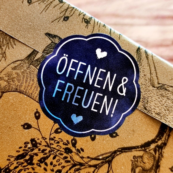 10 Geschenkaufkleber, Öffnen und Freuen, 38 mm, Geschenksticker, Verpacken