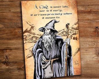 Gandalf birthday card in English. A card is never late. Wizard, medieval, fantasy. Postcard, optionally with envelope.