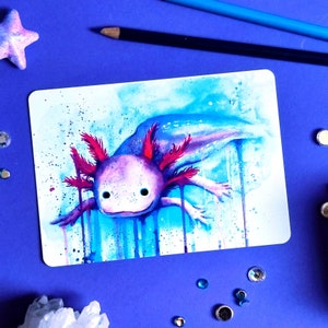 Acquerello cartolina Axolotl, biglietto di auguri per animali marini, pesci, meduse