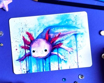 Axolotl postcard watercolor, sea animal greeting card, fish, jellyfish