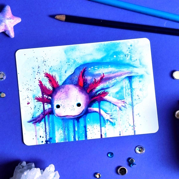 Axolotl Postkarte Aquarell , Meerestier Grußkarte, Fisch, Qualle