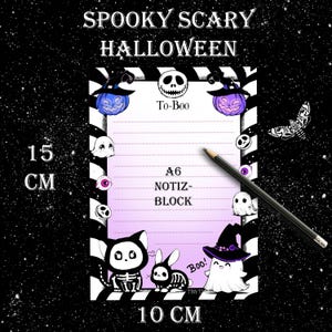 Könnte beinhalten: Ein A6 Notizblock mit Halloween-Motiv. Der Notizblock hat einen rosa-weißen Verlaufshintergrund mit schwarz-weißen Streifen an den Rändern. Der Notizblock zeigt Illustrationen von Kürbissen, Geistern und Skeletten. Der Text "To-Boo" und "Boo!" ist auf dem Notizblock gedruckt. Der Notizblock misst 10 cm mal 15 cm.