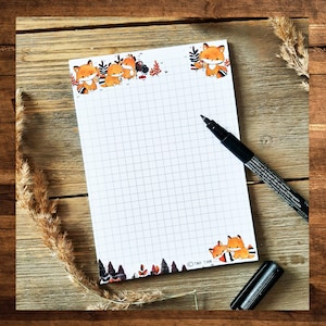 Kawaii Fox Notepad Checkered, Foxes, 50 Sheets, A6, Notepad, College Block, Forest and Nature, Foxes