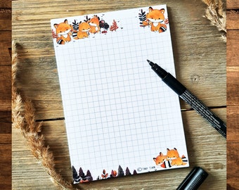 Kawaii Fox Notepad Checkered, Foxes, 50 Sheets, A6, Notepad, College Block, Forest and Nature, Foxes