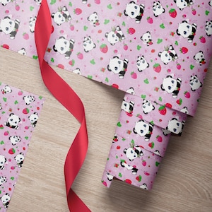 Kawaii Panda inpakpapier, 5 cadeauvellen, Pandaberen en aardbeien, 42 cm x 60 cm