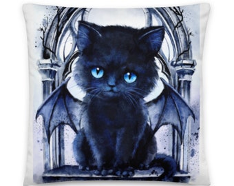 Soft velvety Demoncat Lilith cushion, 45x45 cm, cat sofa cushion Gothic, printed on both sides