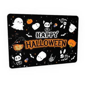 Carte postale Joyeux Halloween, fantômes, citrouilles, chats et chauves-souris, carte de vœux douce et veloutée