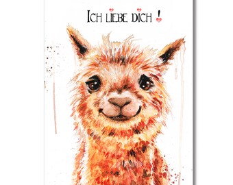 Alpaca postcard, I love you, Valentine's Day, kawaii, dromedary, greeting card, love card