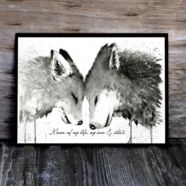 Fuchs und Wolf Aquarell Poster, Wölfe, Füchse, Print, Druck, Liebe, Fantasy, Wildlife