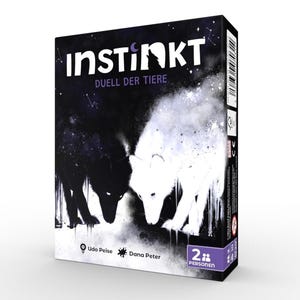 Op de afbeelding: Een bordspeldoos met de titel "INSTINKT" en "DUELL DER TIERE" in witte tekst tegen een donkere achtergrond. De afbeelding toont een zwart-wit wolf illustratie. De doos is ontworpen voor 2 spelers.