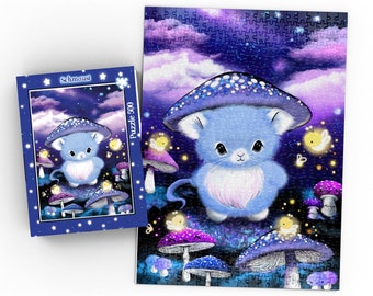 Kawaii Mouse Puzzle 500 pieces, Cute Mouse with Mushroom Head and Mushrooms, Fireflies