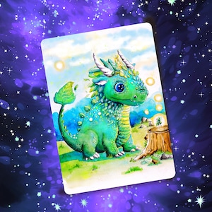 Drachen Postkarte Widar, Samtig weiche Kinder Postkarte, Aquarellfarben, Grüner Drache mit Fee