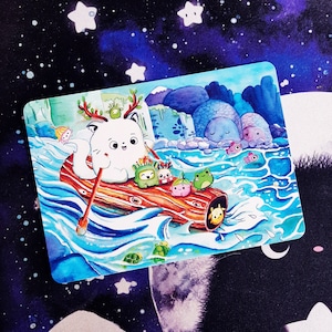 Cartolina vellutata e morbida degli spiriti della foresta kawaii, viaggio in acque bianche
