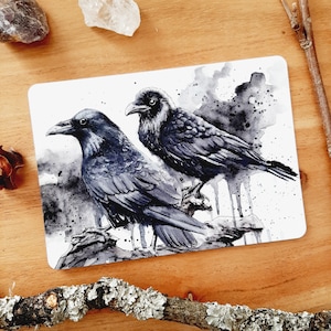 Velvety soft ravens watercolor postcard, Hugin and Munin, crows greeting card