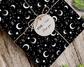 Gothic Geschenkpapier, 5 Geschenkbögen, Monde und Sterne, 42 cm x 60 cm