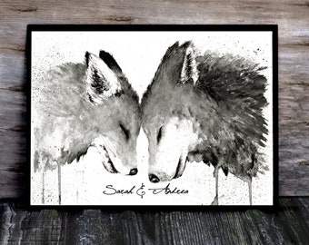Fuchs und Wolf Aquarell Poster, Print, personalisierbar,Bild, Hochzeitsgeschenk, Fuchsbild, Verlobung, Liebe