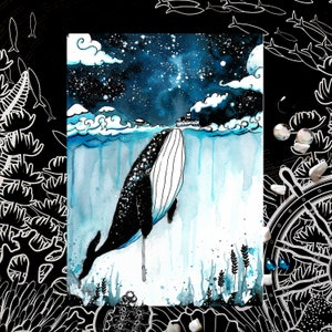 Carte postale de baleine aquarelle, carte de vœux, peinte à la main, baleine mâle, Moby Dick, navire