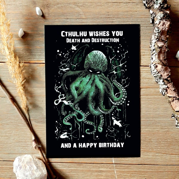 Cthulhu Geburtstagskarte, Postkarte Oktopus, H.P. Lovecraft, Tintenfisch, Krake, Grußkarte Geburtstag