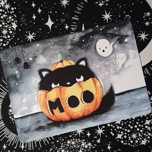 Carte postale chat Halloween, carte de voeux douce veloutée, gothique, matou Moo dans la citrouille