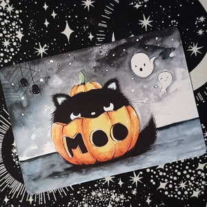 Halloween cat postcard, velvety soft greeting card, gothic, tomcat Moo in the pumpkin