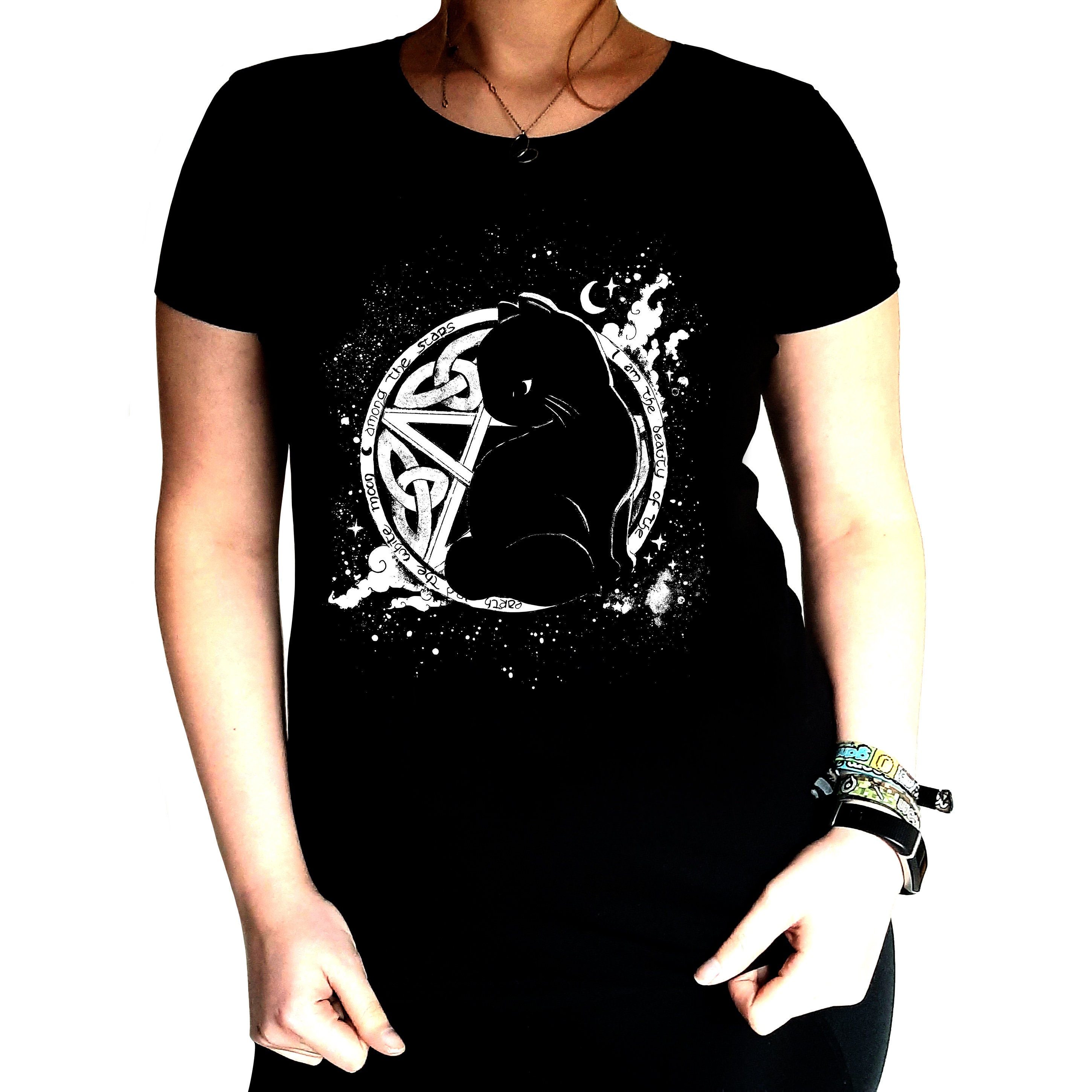 Cat T-Shirt, Pentagram Gothic Cat, Witchcraft, Top, Girly, Shirt