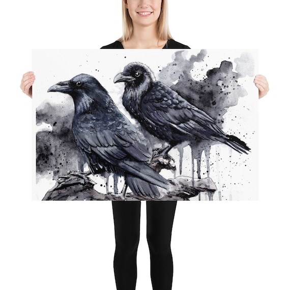 Poster XXL Corbeaux noirs, imprimé corbeau aquarelle, 50 x 70 et plus, à  commander séparément -  France