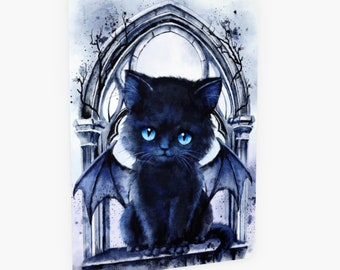 Demon cat Lilith postcard, watercolor gothic kitten, witchcraft, velvety soft greeting card