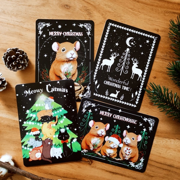 Christmas cards postcard set, 4 pieces, mice, cats, deer, Christmas tree, optionally with 4 Christmas envelopes