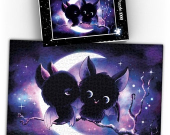 Moonlove Puzzle 1000 pieces, Cute Bats, Lucius and Lucinda, Moonlight