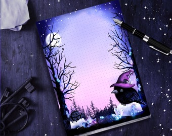 Crow and spiders gothic notepad, fairytale forest, crystals, A5, dotted, witchy witch hat