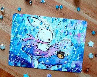 Velvety soft bunny postcard, Tami in the rain with a bumblebee
