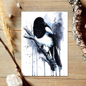 Thieving Magpie Postcard, Watercolor, Birthday Card, Raven, Greetings Card, Bird